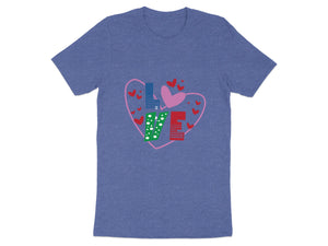 Blue t-shirt with "LOVE" design featuring hearts and a pink outline.