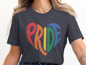 Dark grey t-shirt with rainbow heart-shaped text that says "Pride".