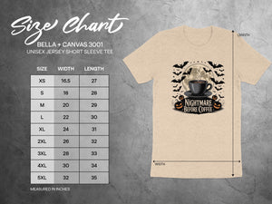 Size chart for Bella + Canvas 3001 unisex tee showing measurements for XS-5XL.