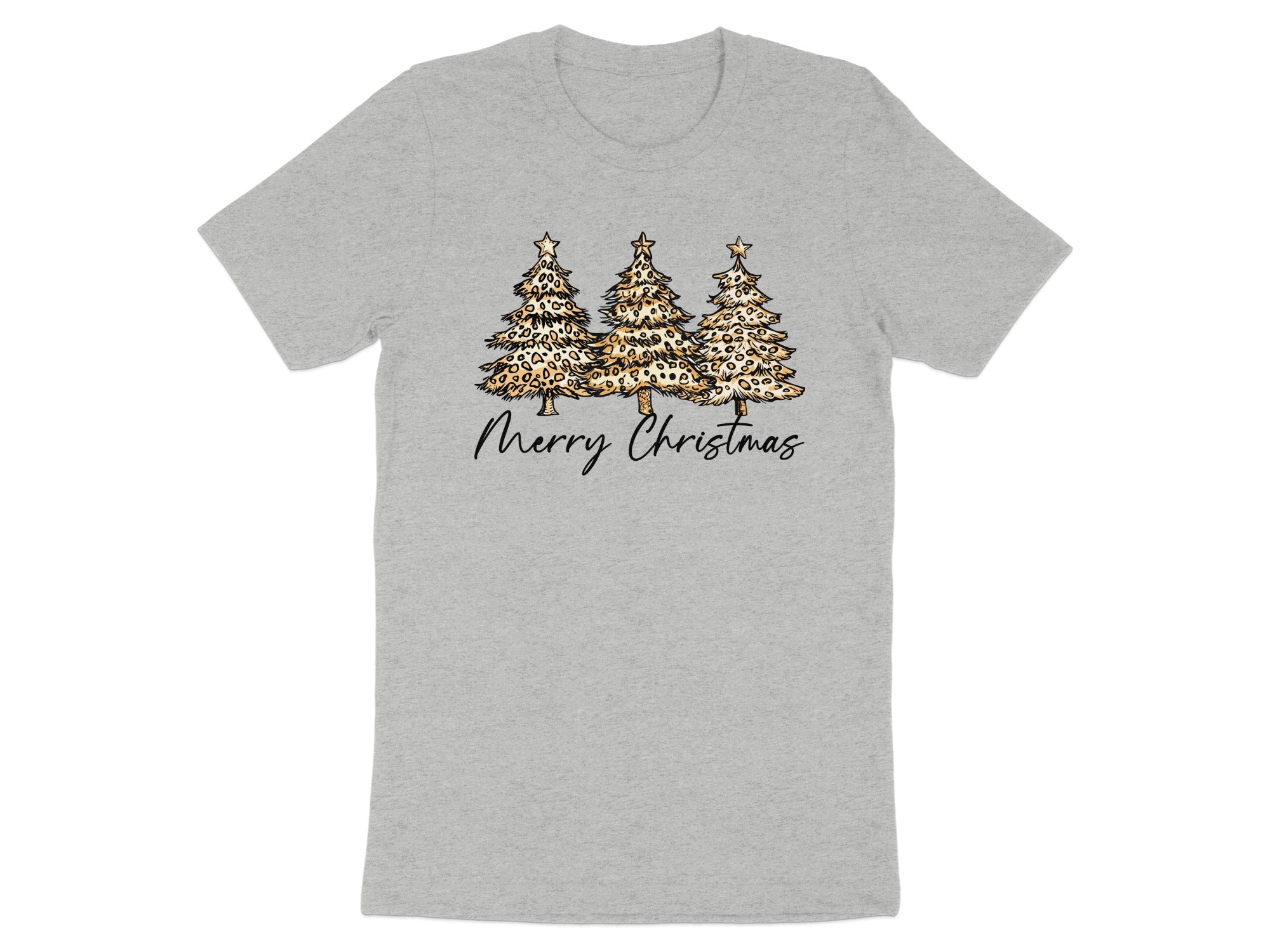 Grey t-shirt with three leopard print Christmas trees and "Merry Christmas" text.
