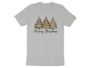 Grey t-shirt with three leopard print Christmas trees and "Merry Christmas" text.
