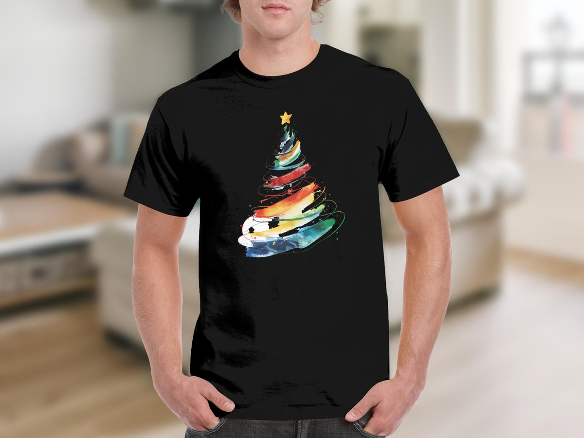 Black t-shirt with a colorful, abstract Christmas tree design and a yellow star.