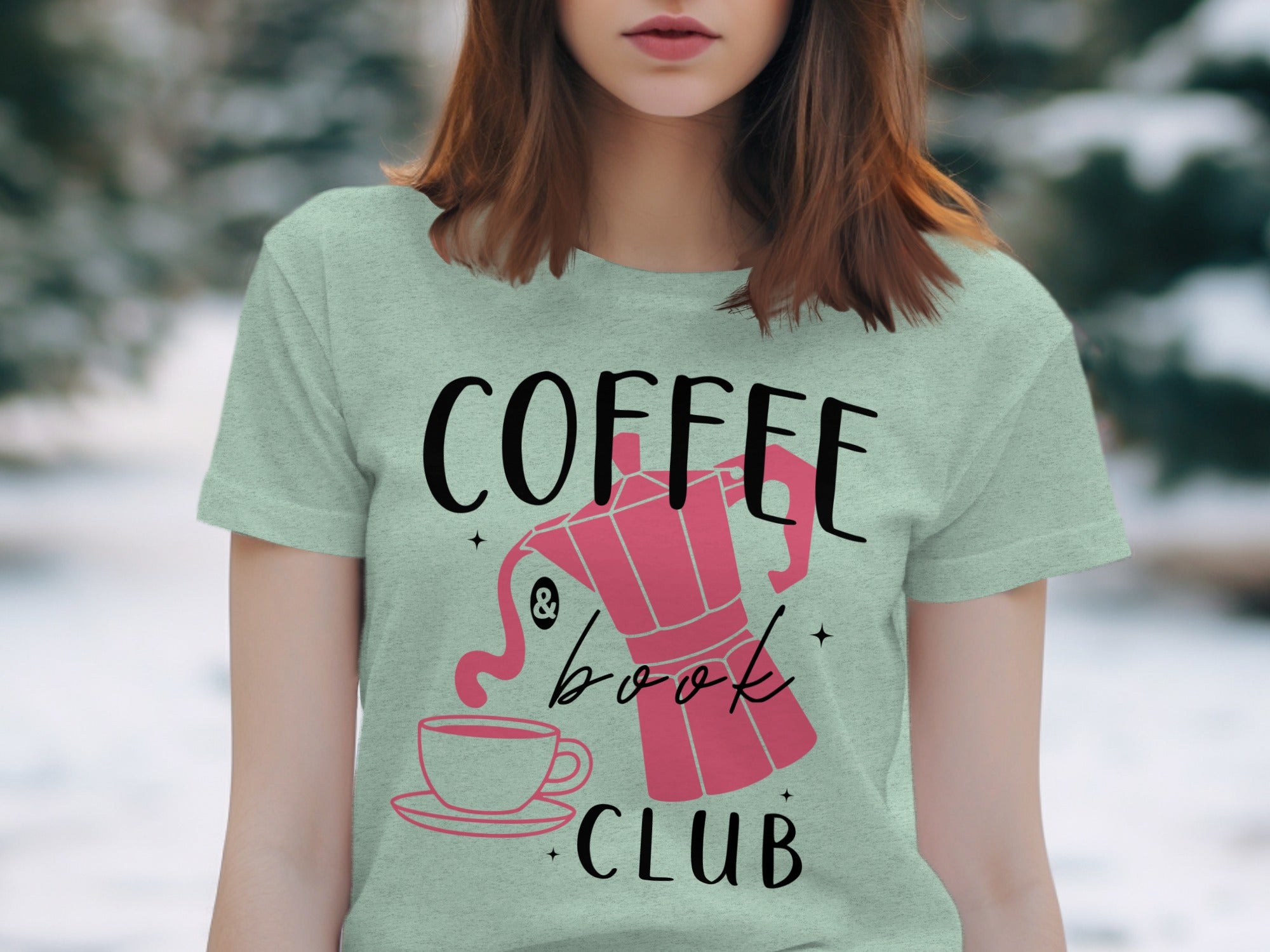 Light green t-shirt with "Coffee & Book Club" text and pink coffee maker and cup graphic.