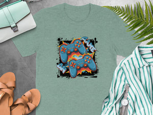 Green t-shirt with gaming controllers and "Game Over" text graphic