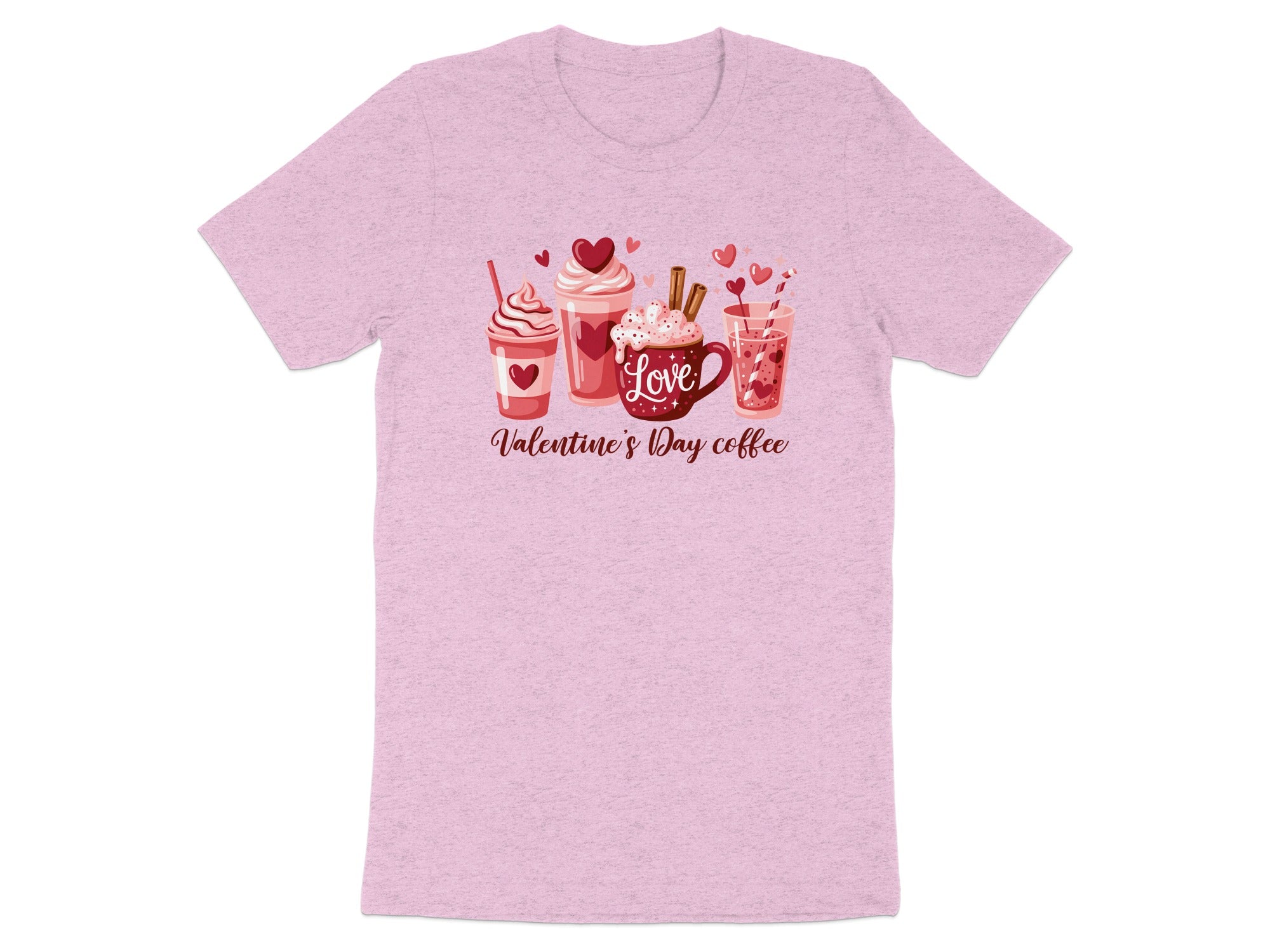 Pink t-shirt with "Love" and Valentine's Day coffee drinks graphic.