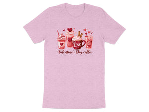 Pink t-shirt with "Love" and Valentine's Day coffee drinks graphic.