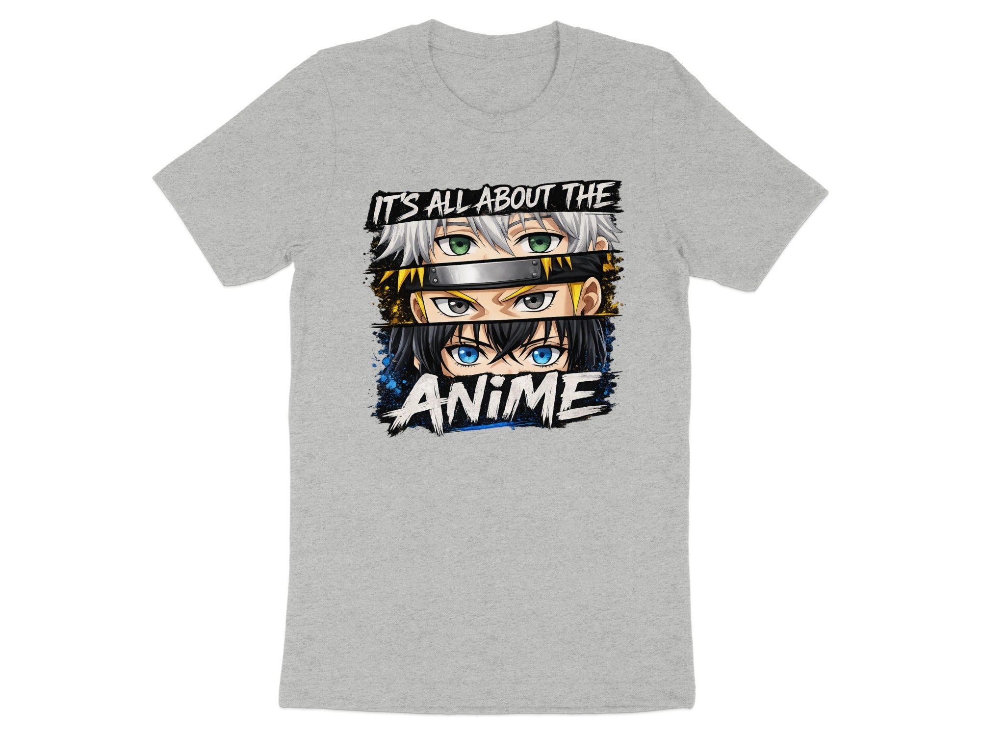 Gray t-shirt with anime eyes graphic and "It's All About The Anime" text.