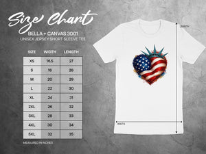 BELLA + CANVAS 3001 unisex jersey tee size chart with width and length measurements.