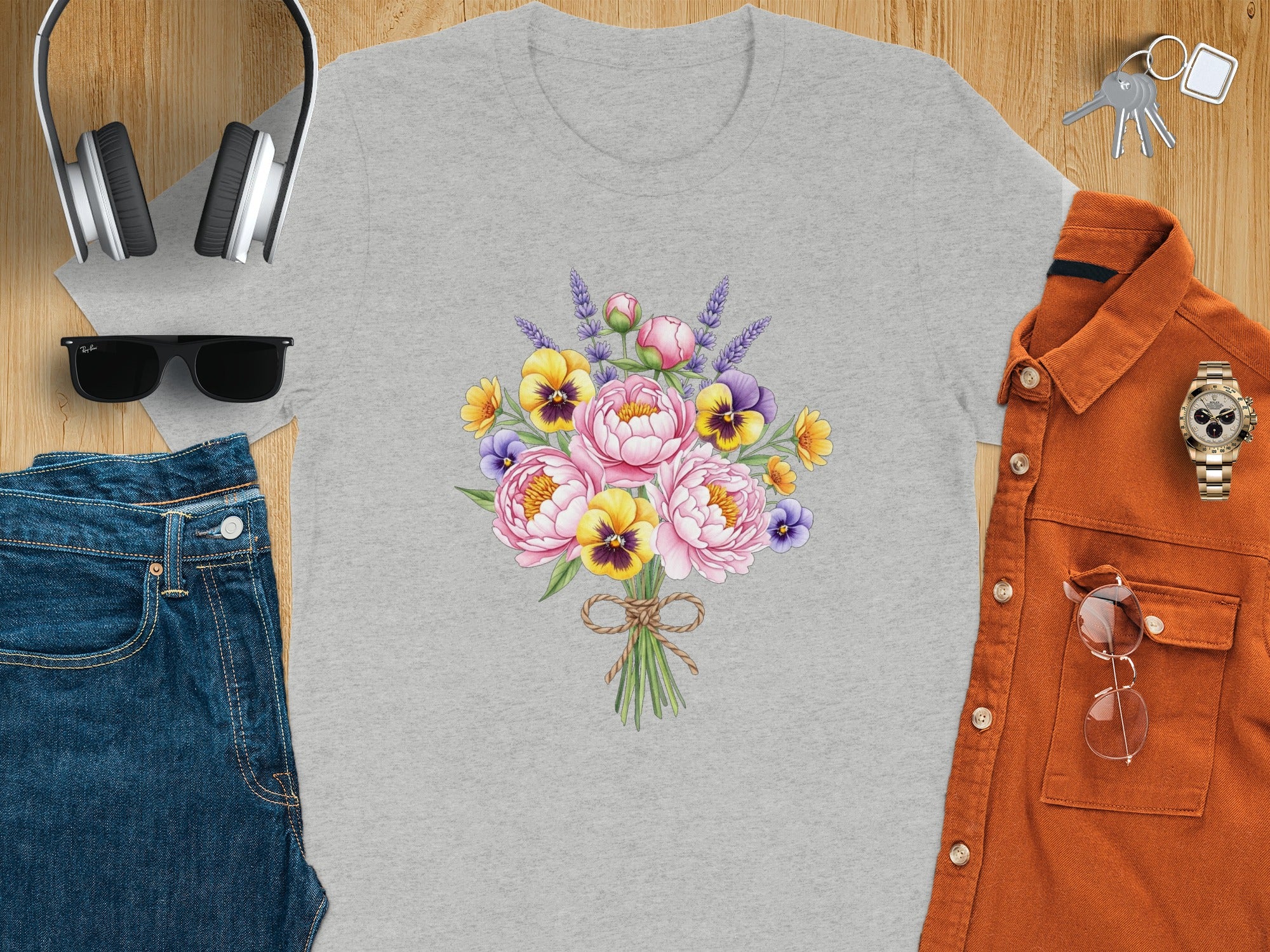 Gray t-shirt with pink peonies and pansies bouquet design.