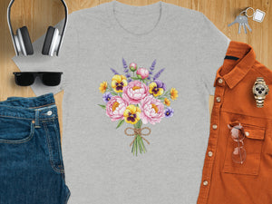 Gray t-shirt with pink peonies and pansies bouquet design.