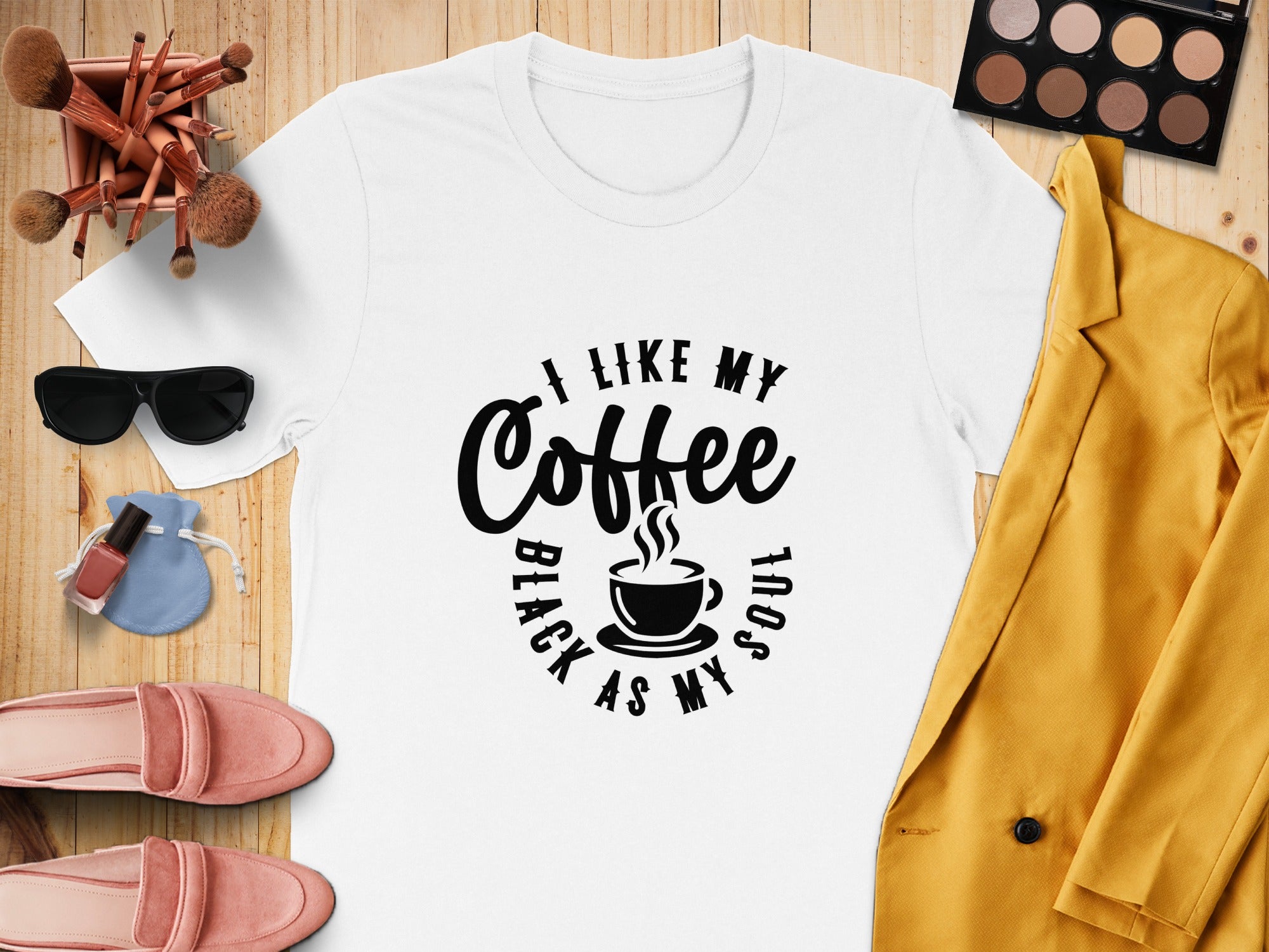 White t-shirt with "I LIKE MY Coffee BLACK AS MY SOUL" text and coffee cup graphic.