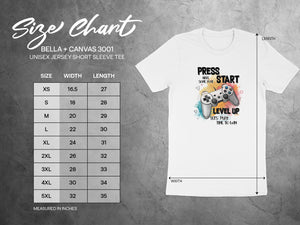 Bella + Canvas 3001 unisex tee size chart with gamer graphic and dimensions.
