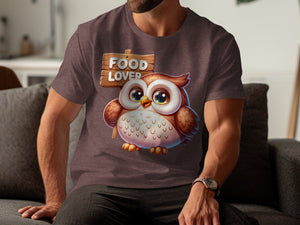 T-shirt with a cute owl graphic and "Food Lover" wooden sign.