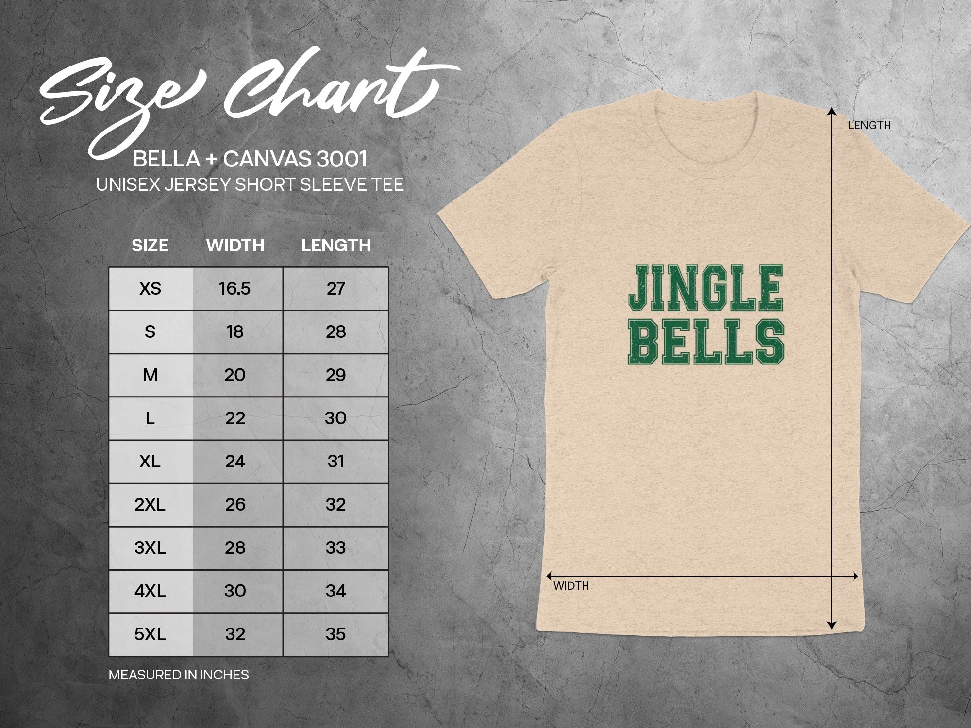 Size chart for Bella + Canvas 3001 unisex jersey short sleeve tee.