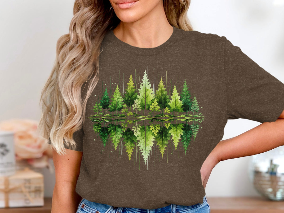 Brown t-shirt with watercolor forest reflection design