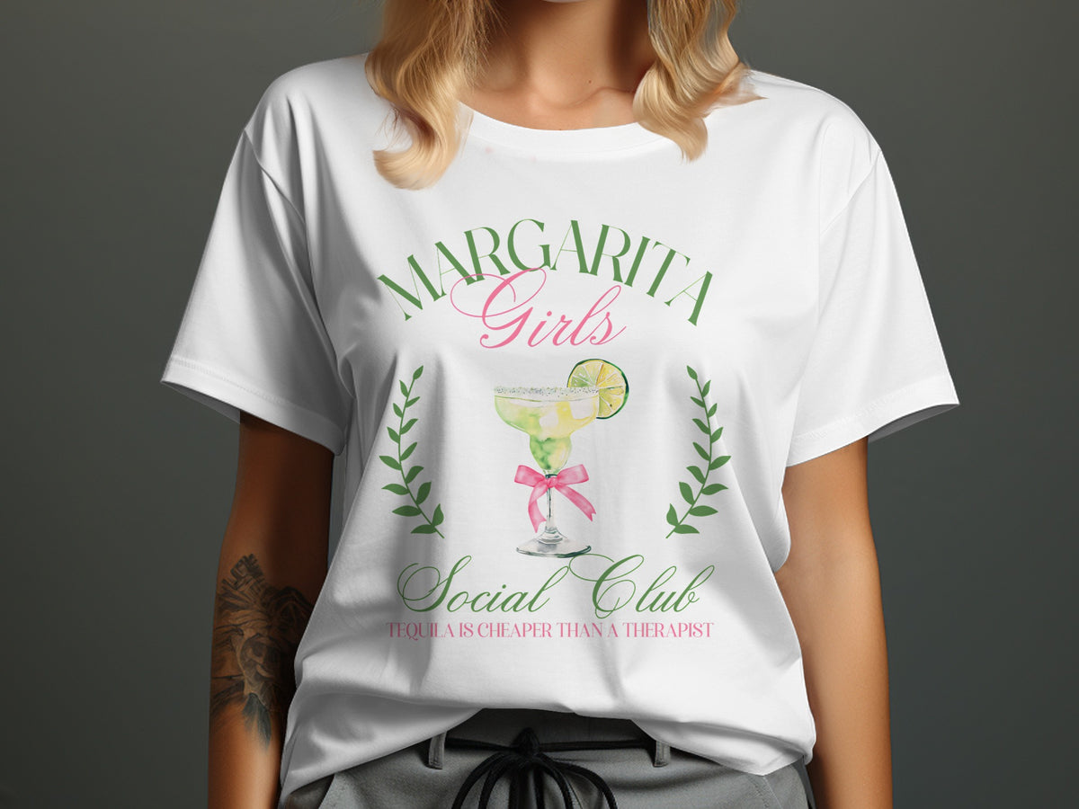 White t-shirt with "Margarita Girls Social Club" text and margarita graphic.