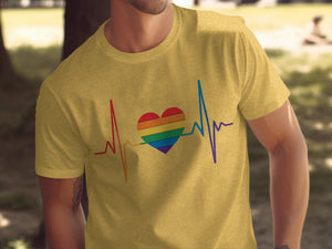 Yellow t-shirt with rainbow heart and electrocardiogram line graphic.