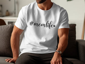 White t-shirt with "#momlife" text and a small heart on the chest.