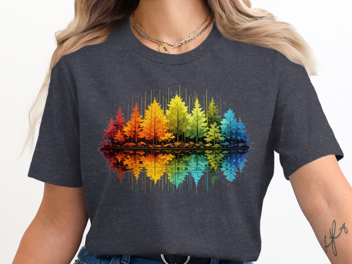 Dark grey t-shirt with colorful forest reflection graphic.