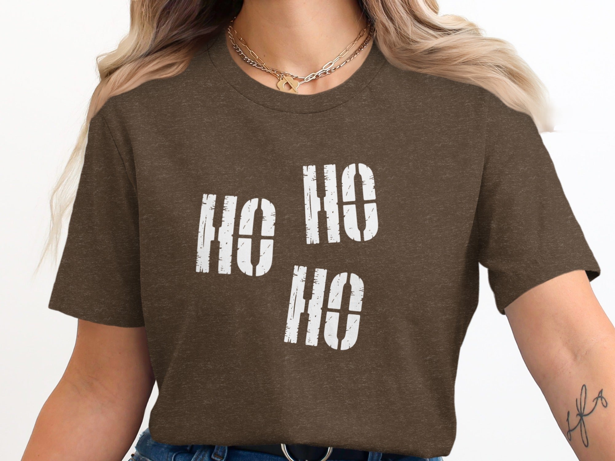Brown t-shirt with white "HO HO HO" text on the front.