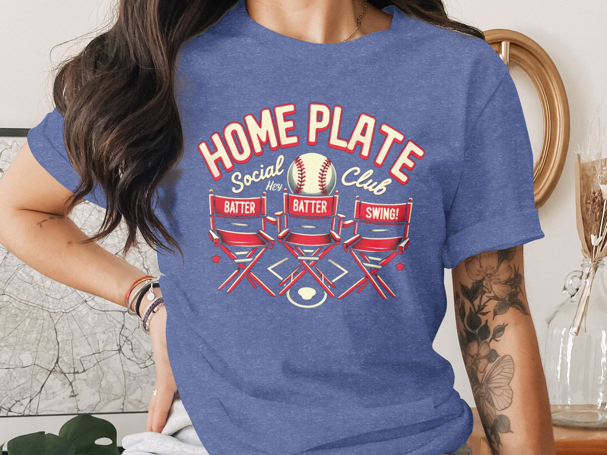 T-shirt with "HOME PLATE Social Hey Club" text, baseball, and director chairs.