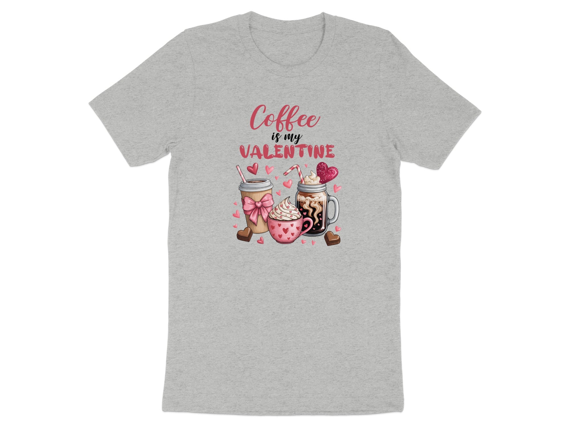 Gray t-shirt with "Coffee is my Valentine" text and heart-themed drinks.