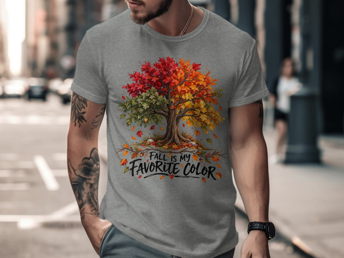 Gray t-shirt with a colorful tree graphic and text "Fall Is My Favorite Color".