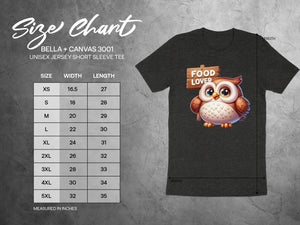 Size chart for Bella + Canvas 3001 unisex short sleeve tee with owl graphic.
