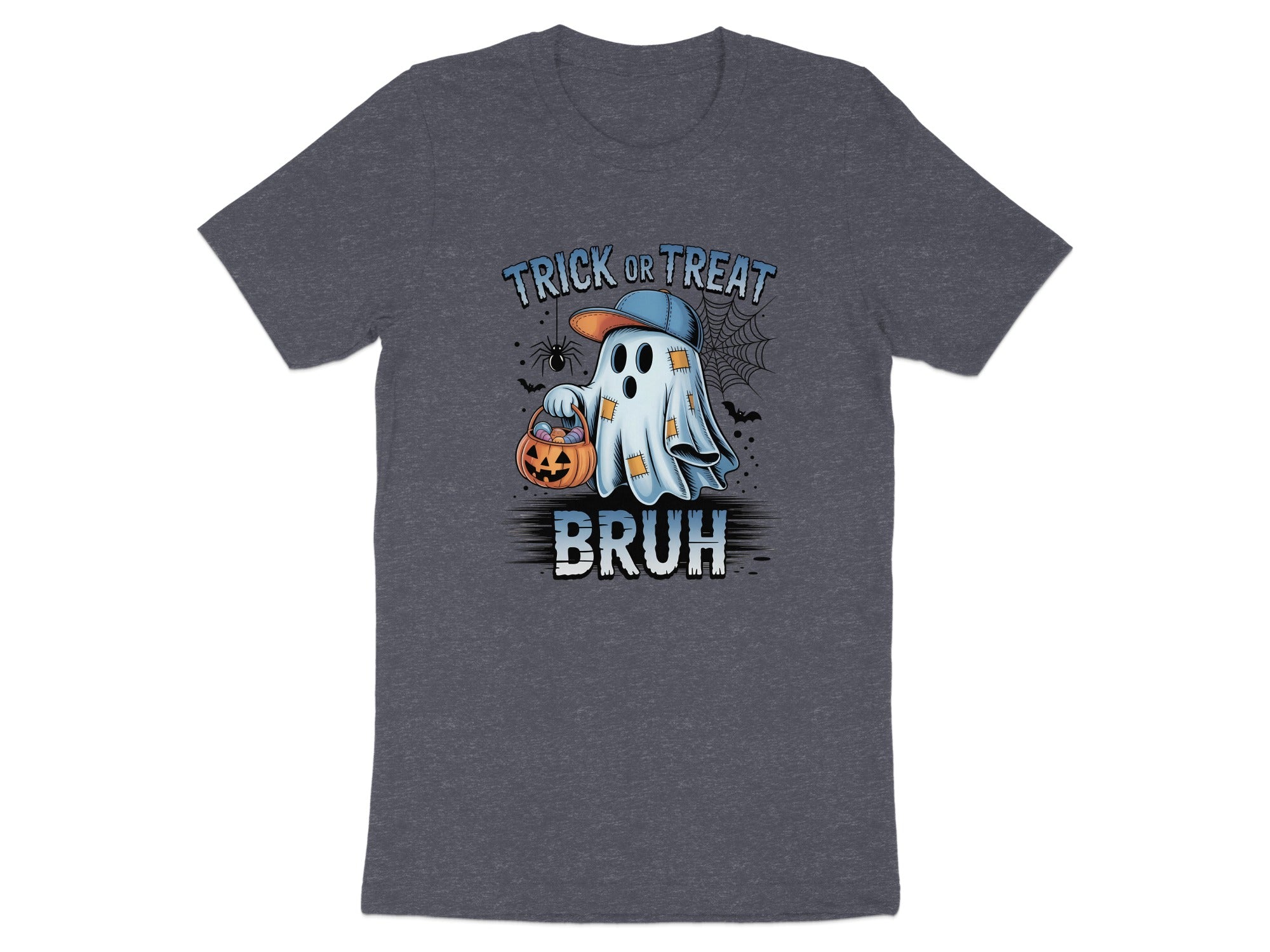 Ghost with candy bucket wearing cap and "Bruh" text, "Trick or Treat" above.