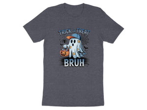 Ghost with candy bucket wearing cap and "Bruh" text, "Trick or Treat" above.