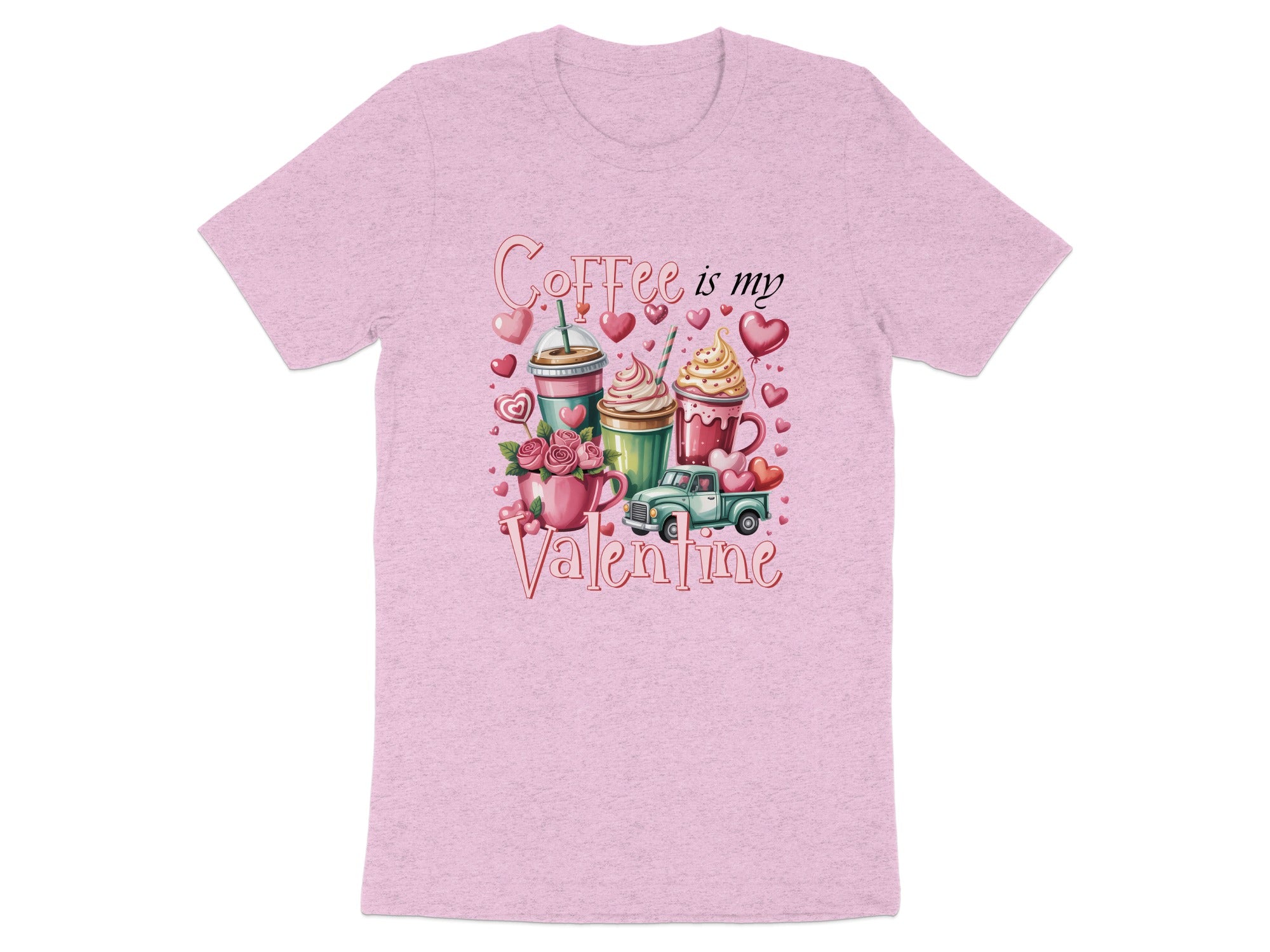 Pink t-shirt with "Coffee is my Valentine" text, coffee cups, roses, and heart decorations.