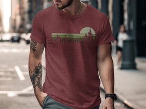 Maroon t-shirt with a graphic of a sun and pine trees across the chest.