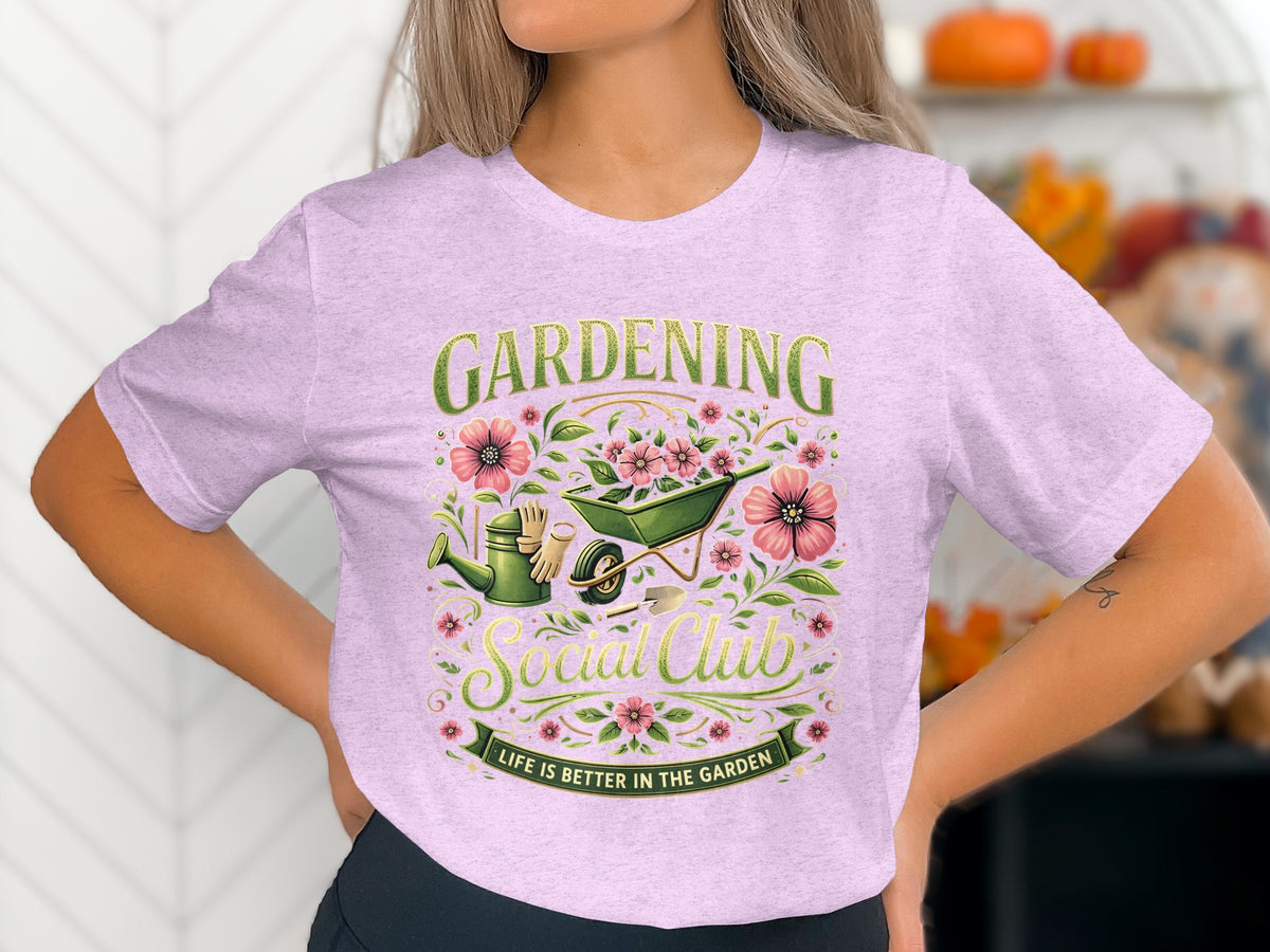 Gardening Social Club design with a watering can, gloves, wheelbarrow, and flowers.