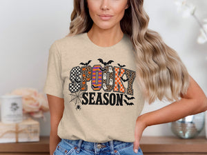 Spooky Season graphic with checkerboard, leopard, and orange patterns, plus bats and ghosts.
