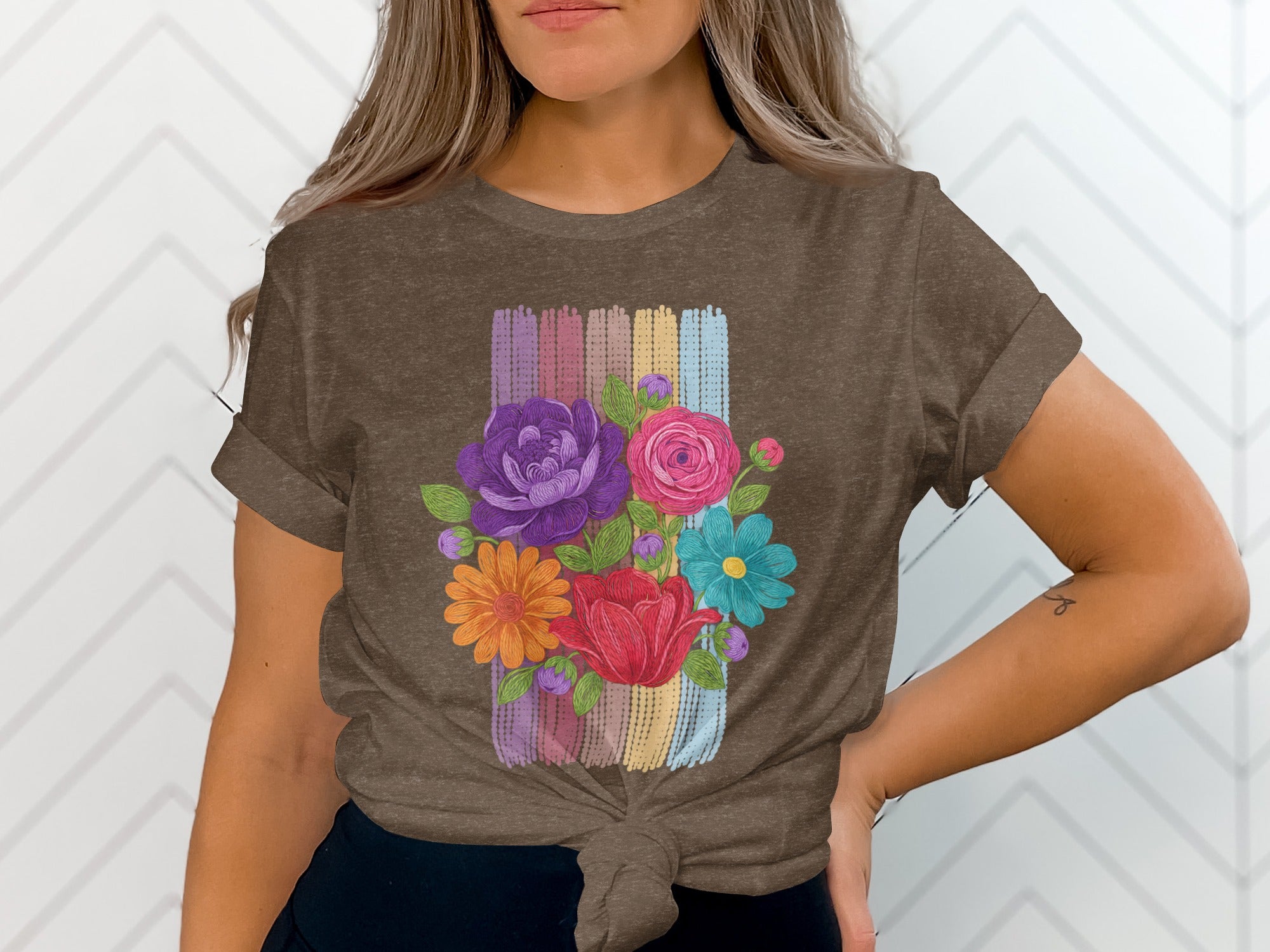 Brown t-shirt with bouquet of colorful flowers over striped background design.