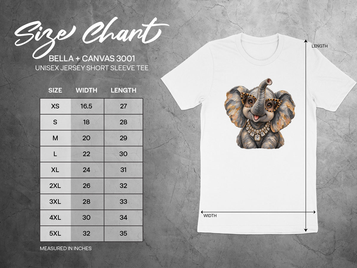 Size chart for Bella + Canvas 3001 unisex short sleeve tee, measured in inches.