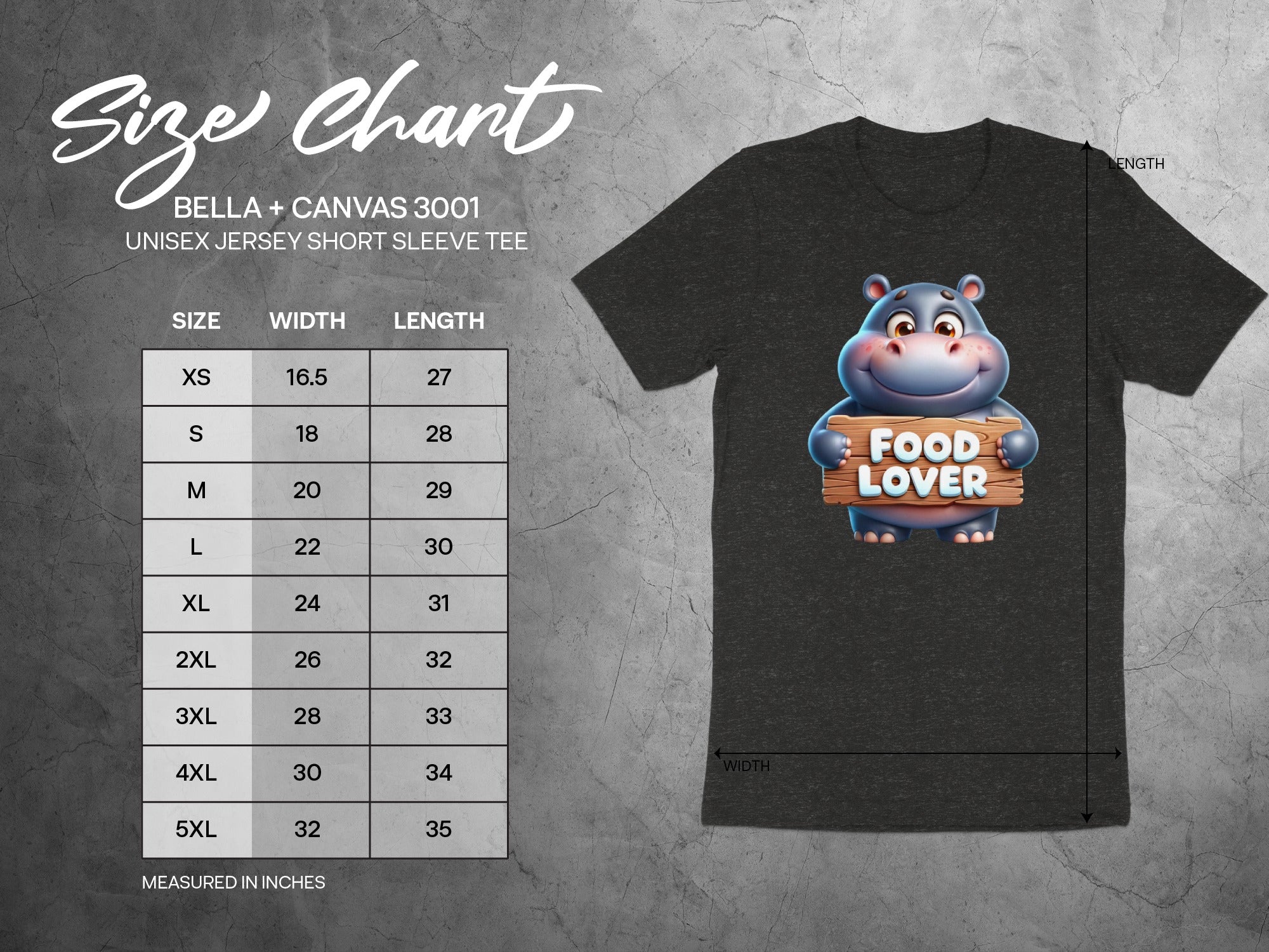 Size chart for BELLA + CANVAS 3001 unisex tee with cartoon hippo.