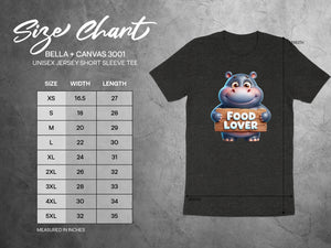 Size chart for BELLA + CANVAS 3001 unisex tee with cartoon hippo.