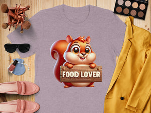 Cartoon squirrel holding wooden sign with "FOOD LOVER" text on a t-shirt.