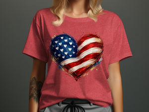 Red t-shirt with a heart graphic in the American flag design.