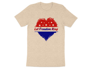 T-shirt with red, white, and blue distressed heart graphic and "Let Freedom Ring" text.