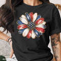 Black t-shirt with patriotic sunflower graphic on chest.