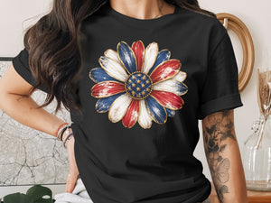 Black t-shirt with patriotic sunflower graphic on chest.