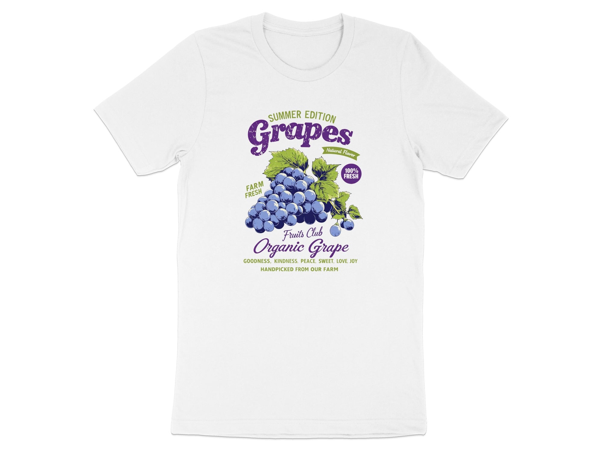 White t-shirt with graphic featuring "Grapes" and "Organic Grape" text.