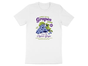 White t-shirt with graphic featuring "Grapes" and "Organic Grape" text.