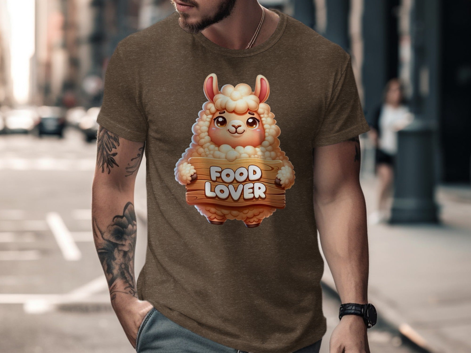 Cartoon llama holding a wooden sign that says "FOOD LOVER".