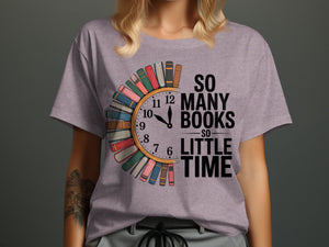 Purple t-shirt with clock face made of books and "So Many Books So Little Time" text.