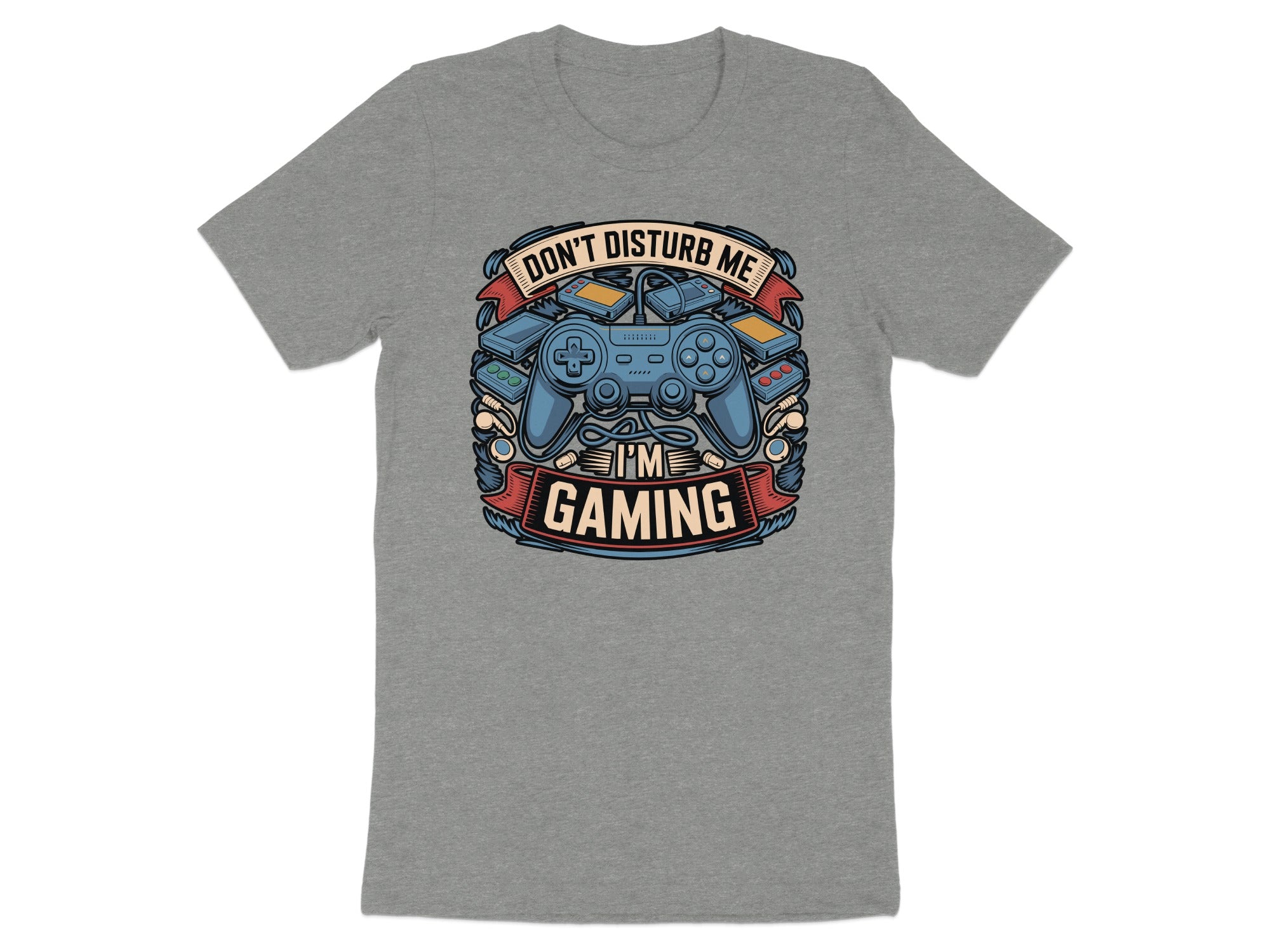 Grey t-shirt with "Don't Disturb Me I'm Gaming" text and gaming controller graphic.