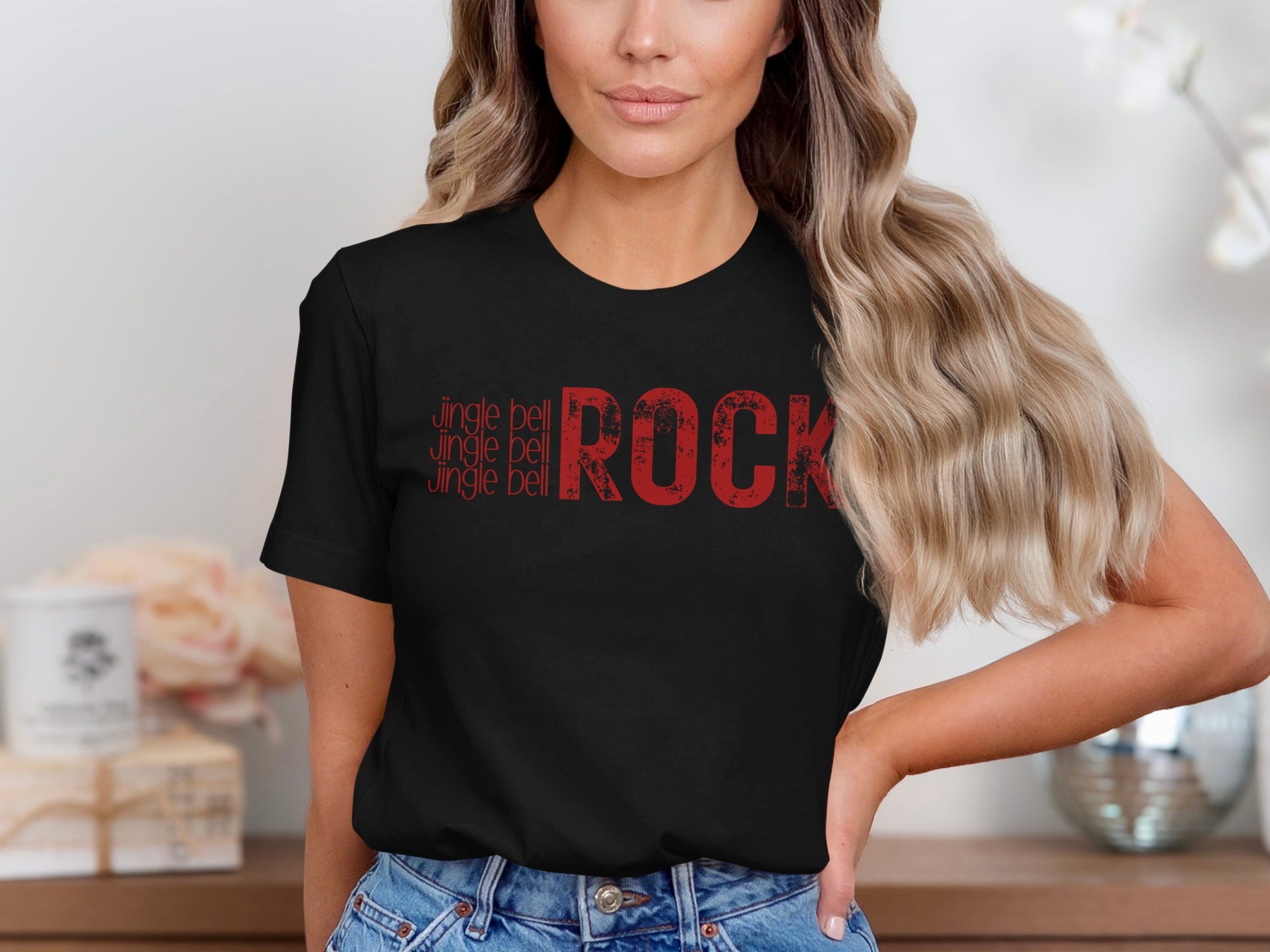 Black t-shirt with red distressed text "jingle bell jingle bell jingle bell ROCK"