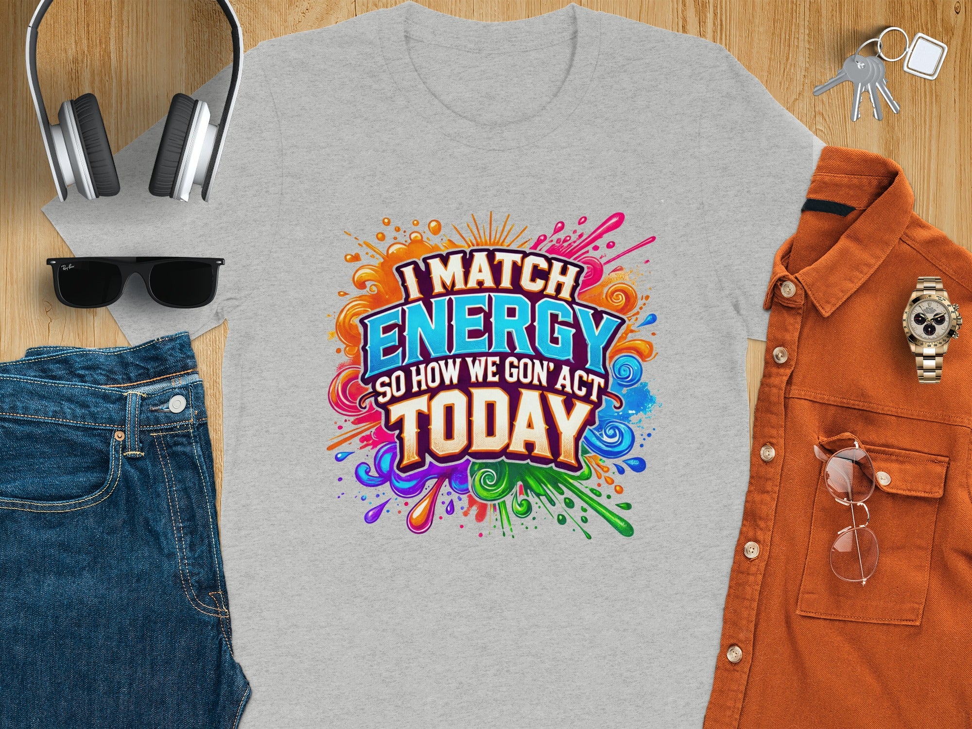 Grey t-shirt with "I MATCH ENERGY SO HOW WE GON' ACT TODAY" text in colorful design.
